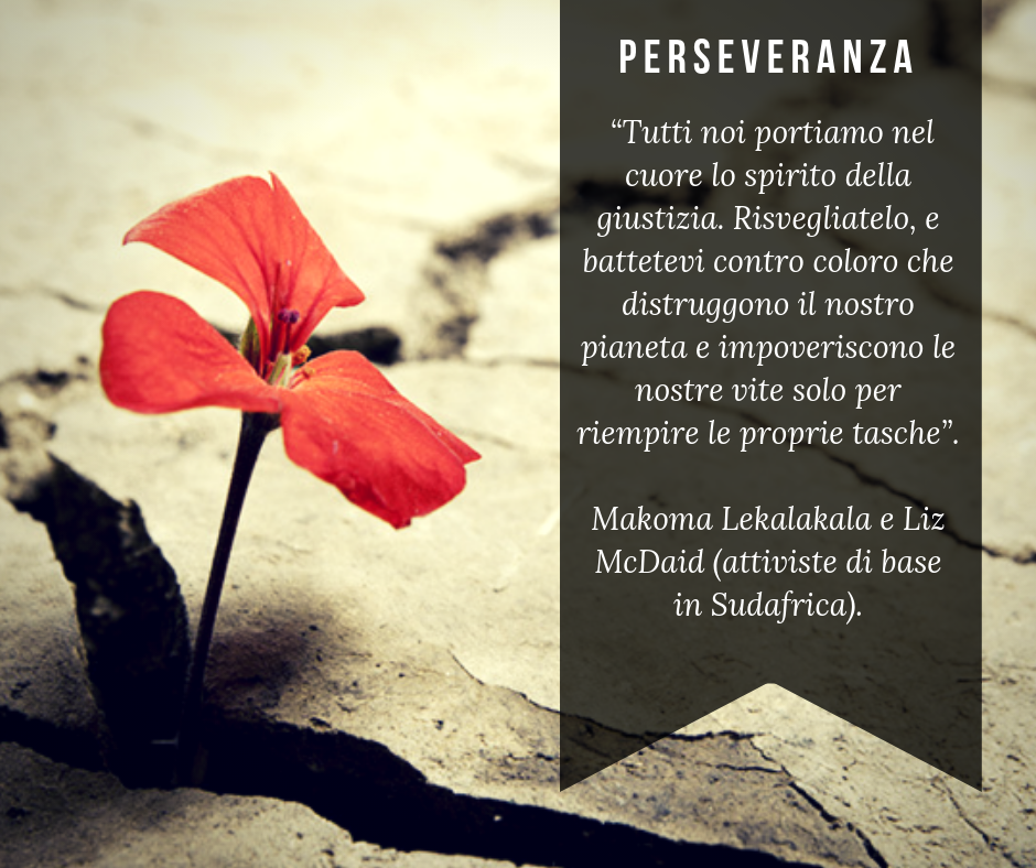 Perseveranza. “Tutti noi portiamo nel cuore lo spirito della giustizia. Risvegliatelo, e battetevi contro coloro che distruggono il nostro pianeta e impoveriscono le nostre vite solo per riempire le proprie tasche”. Makoma Lekalakala e Liz McDaid (attiviste di base in Sudafrica).